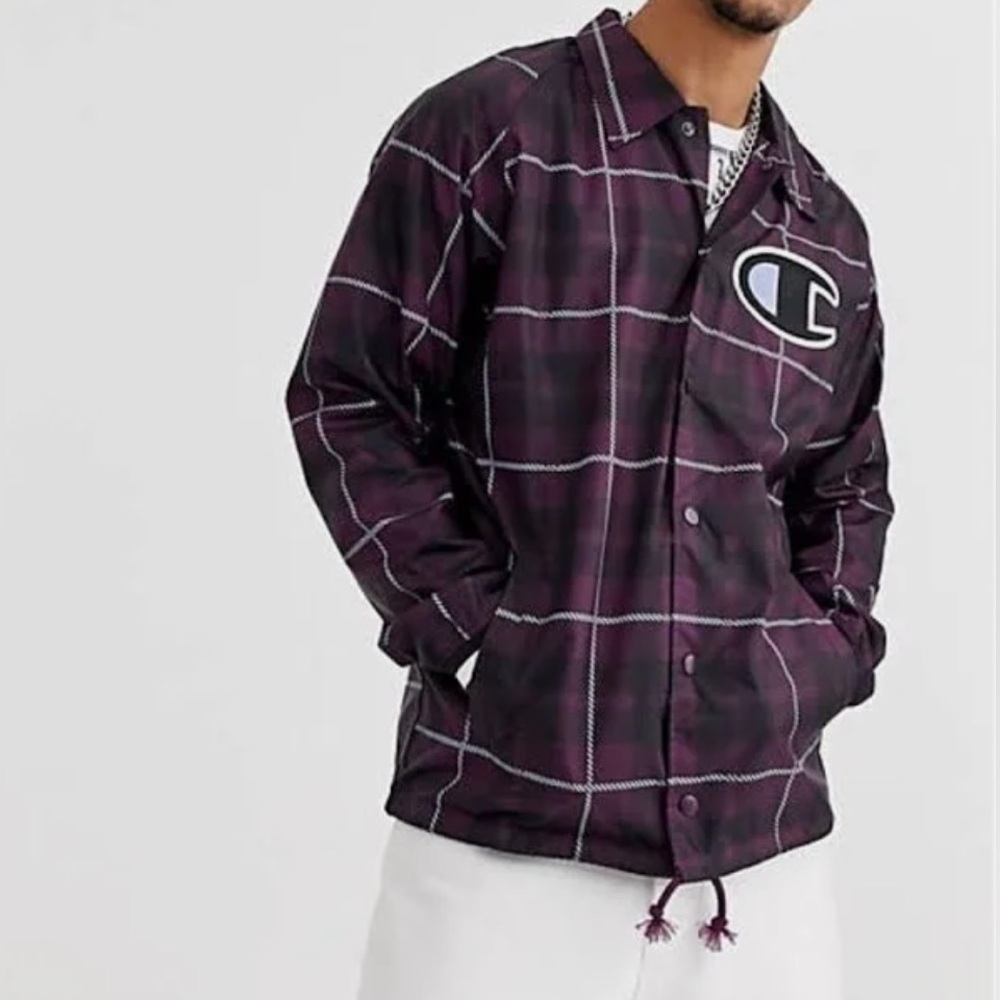 Men's purple plaid CHAMPION varsity satin letterman windbreaker jacket